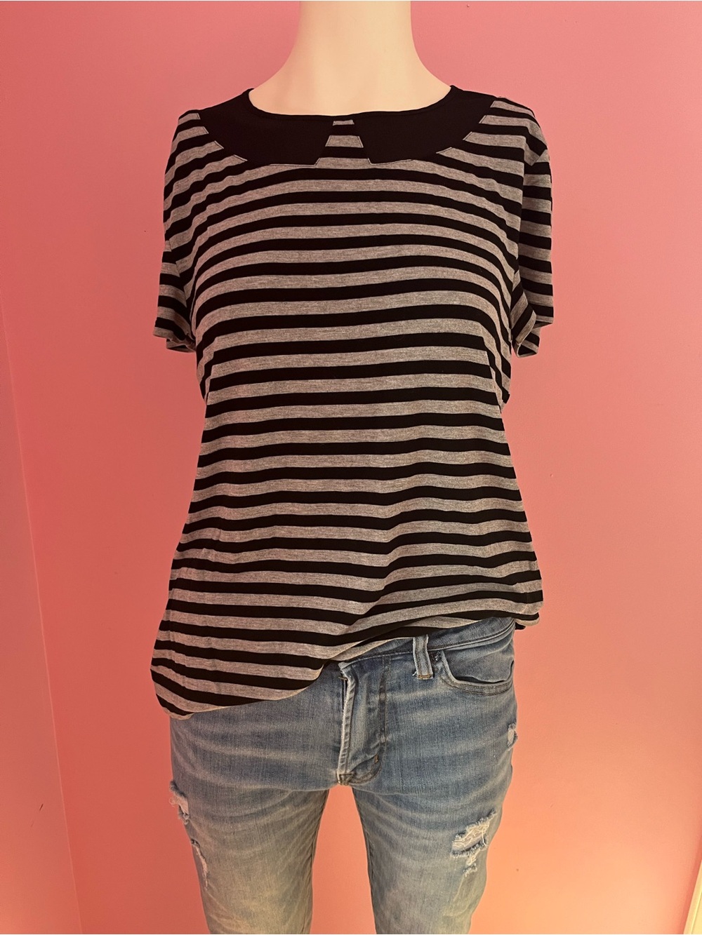 Tommy Hilfiger Black & Gray Striped Short Sleeve Tee with Contrast Neck